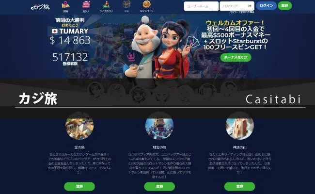 カジ旅（Casi Tabi）の特徴や基本情報(登録・入出金・ボーナス・イベントなど）を解説